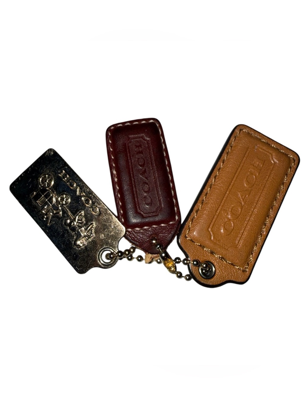 Coach Tan Leather Tag Keyring with Gold Metal Charm and Rose Quartz Accent